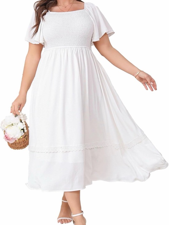 Dresses & Skirts - Women’s 1X White Smocked Square Neck Maxi Dress with Lace Trim